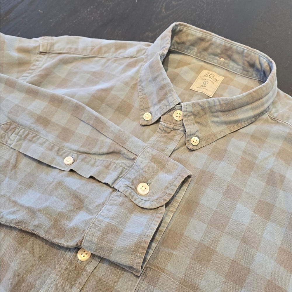 J. Crew Mens Slim Fit Buffalo Check Button Down Shirt Blue Grey Large L Cotton